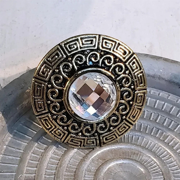 Y2K Bronze Clear Faceted Crystal Round Greek Key Cocktail Ring Vintage Grunge - Picture 5 of 9